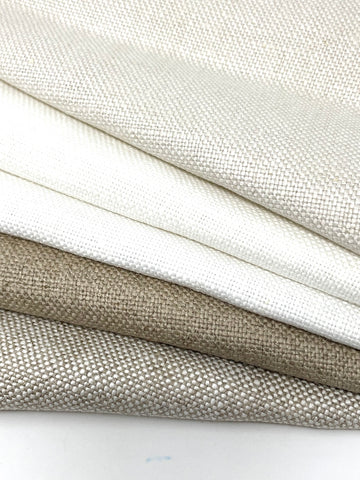 Medium Heavy Weight Classic 100% Linen Fabric in white, ecru, and beige shades, showcasing a textured woven pattern.