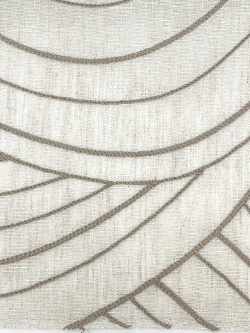 Sheer linen blend fabric with neutral-toned wave geometric embroidery on a light, airy background.