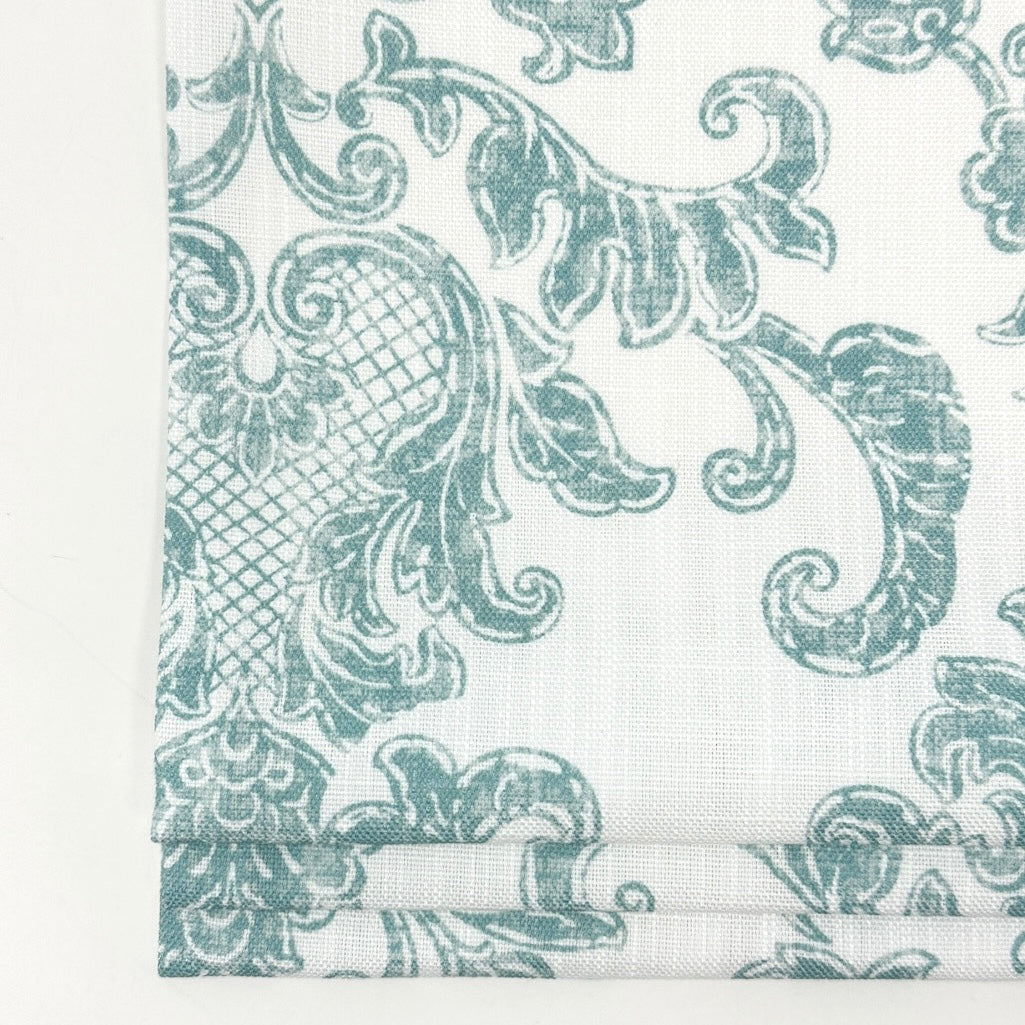 French Floral Damask Faux Linen Flat Roman Shade / CL1091