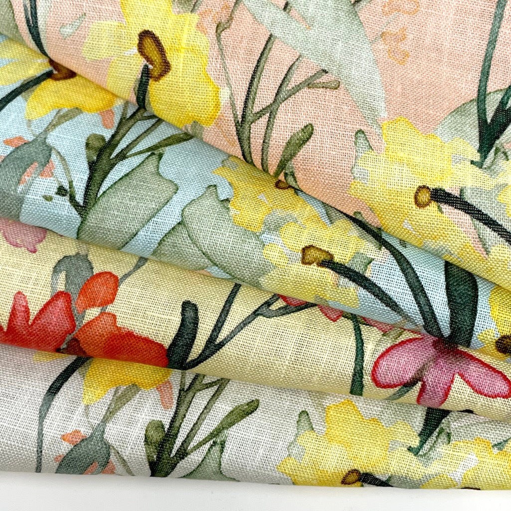 Water Multi Colors Floral Light Weight 100% Linen Fabric By The Yard / 57" Width / CL1117
