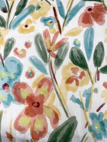Lightweight 100% linen fabric with a colorful aqua floral handkerchief print, shown in soft watercolor-style flowers and leaves.
