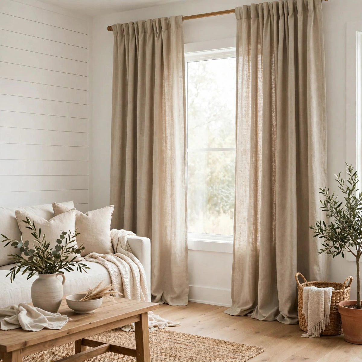 Greige 100% natural linen curtains in a bright living room, made from CL1073 double width linen fabric by the yard