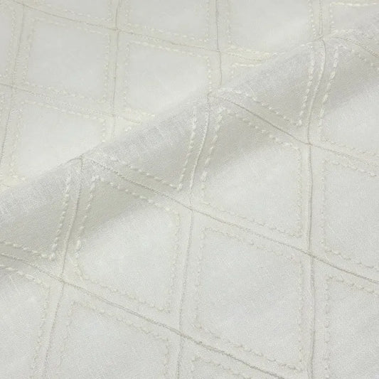 Embroidered Geometric Diamond Trellis Blend Linen Sheer Fabric By The Yard | 54" Width | CL1078