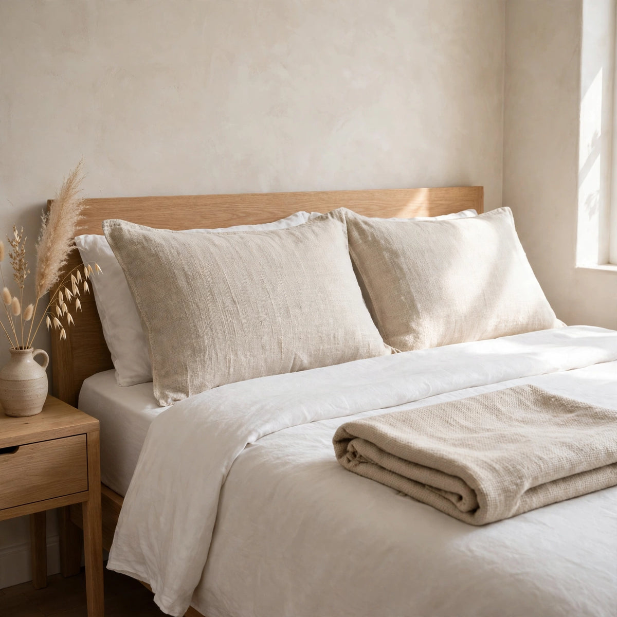Soft textured faux linen fabric pillow covers and throw on a bed