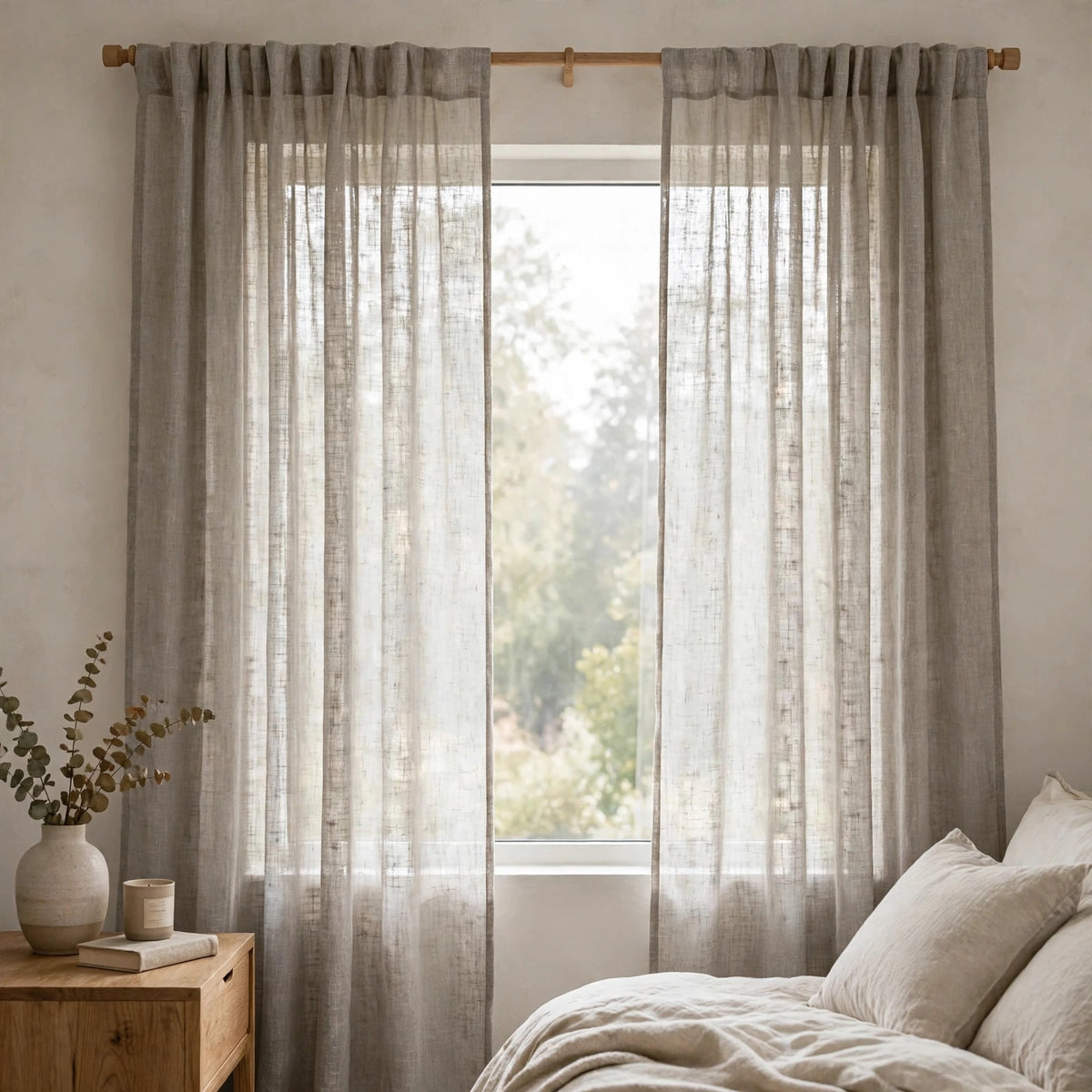 Textured sheer linen blend fabric made into curtains in a styled room, CL1099