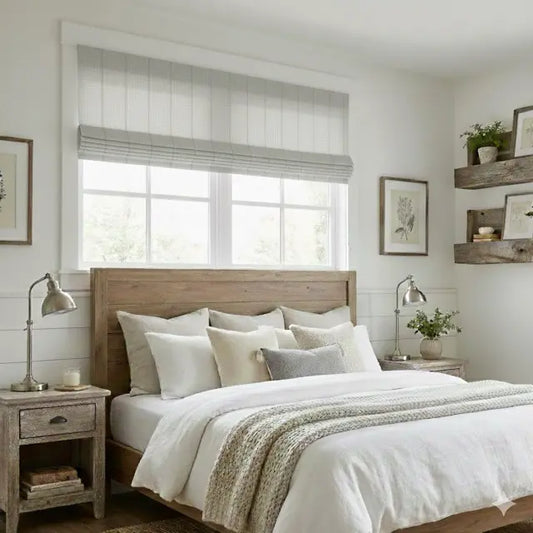 Neatly made bed with a striped gray sheer roman shade and wooden headboard in a bright bedroom