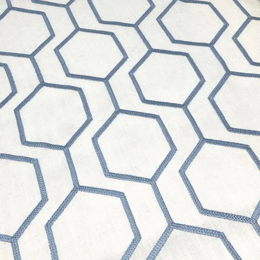 Embroidered Blue Hexagon Geometric Linen-Blend Fabric By The Yard | 54" Width | CL1144