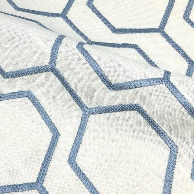 Embroidered Blue Hexagon Geometric Linen-Blend Fabric Flat Roman Shade, CL1144