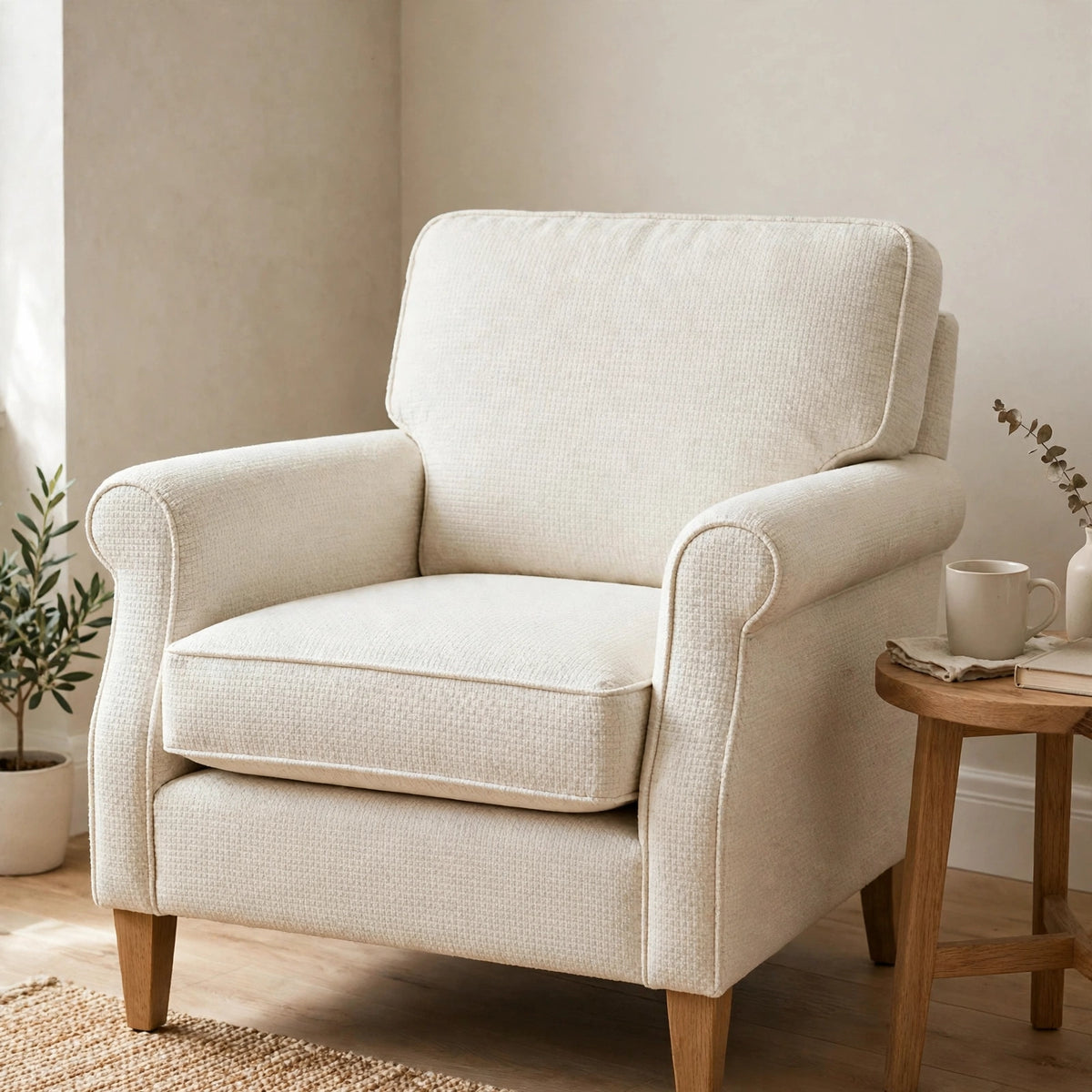 Ivory heavyweight textured upholstery linen fabric armchair in a bright living room