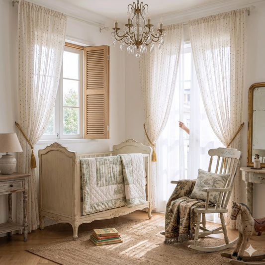 French Country Chic Dotted Rainbow Embroidered Sheer Linen Curtains | CD1007