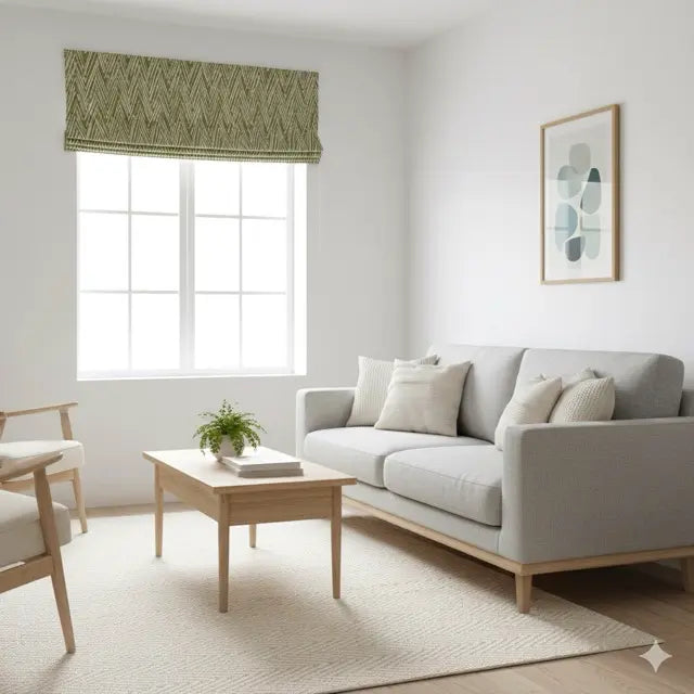 Modern living room with a gray sofa, wooden coffee table, and a geometric modern flat roman shade.