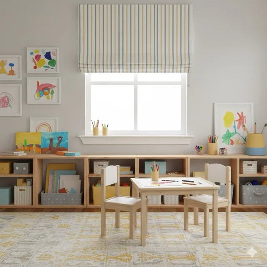 Children's playroom with a table and a multi color striped roman shade, chairs, bookshelves, and colorful artwork on a gray wall.