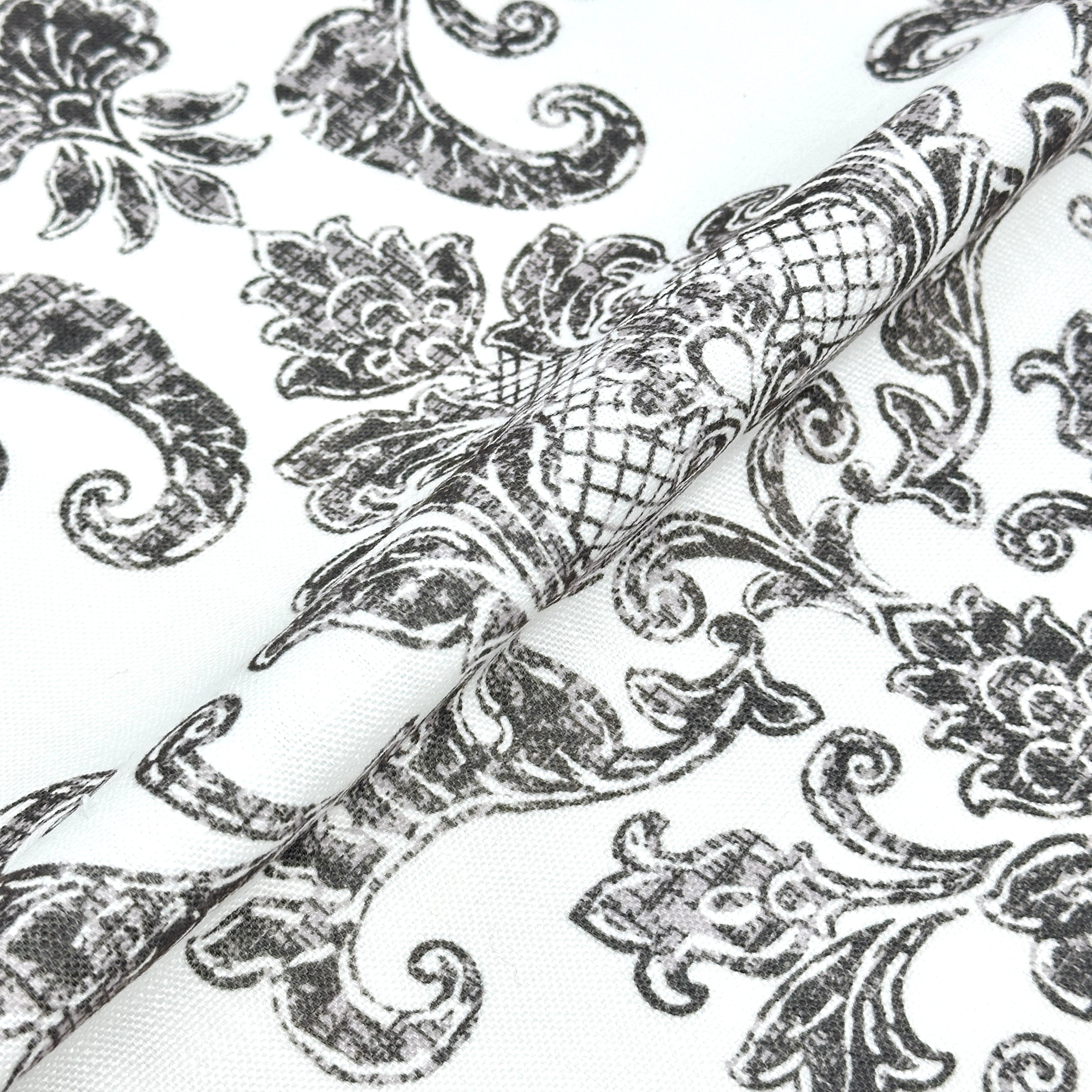 French Floral Damask Digital Print Faux Linen Fabric / 110" Width / CL1091