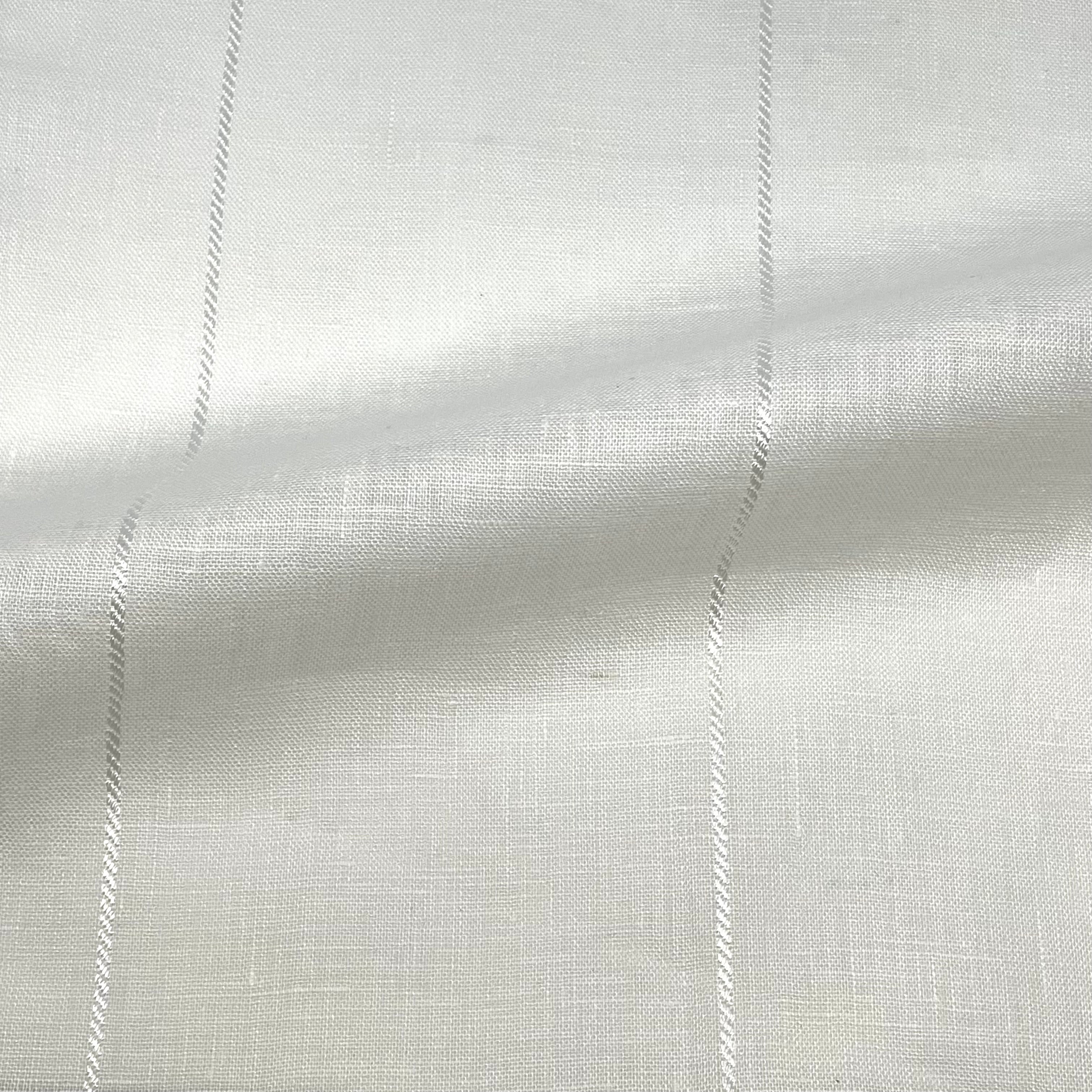 Close-up of off-white linen fabric with diagonal 5-inch stripe pattern, 57-inch width.
