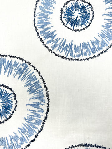 Linen blend fabric with retro blue circular embroidery design
