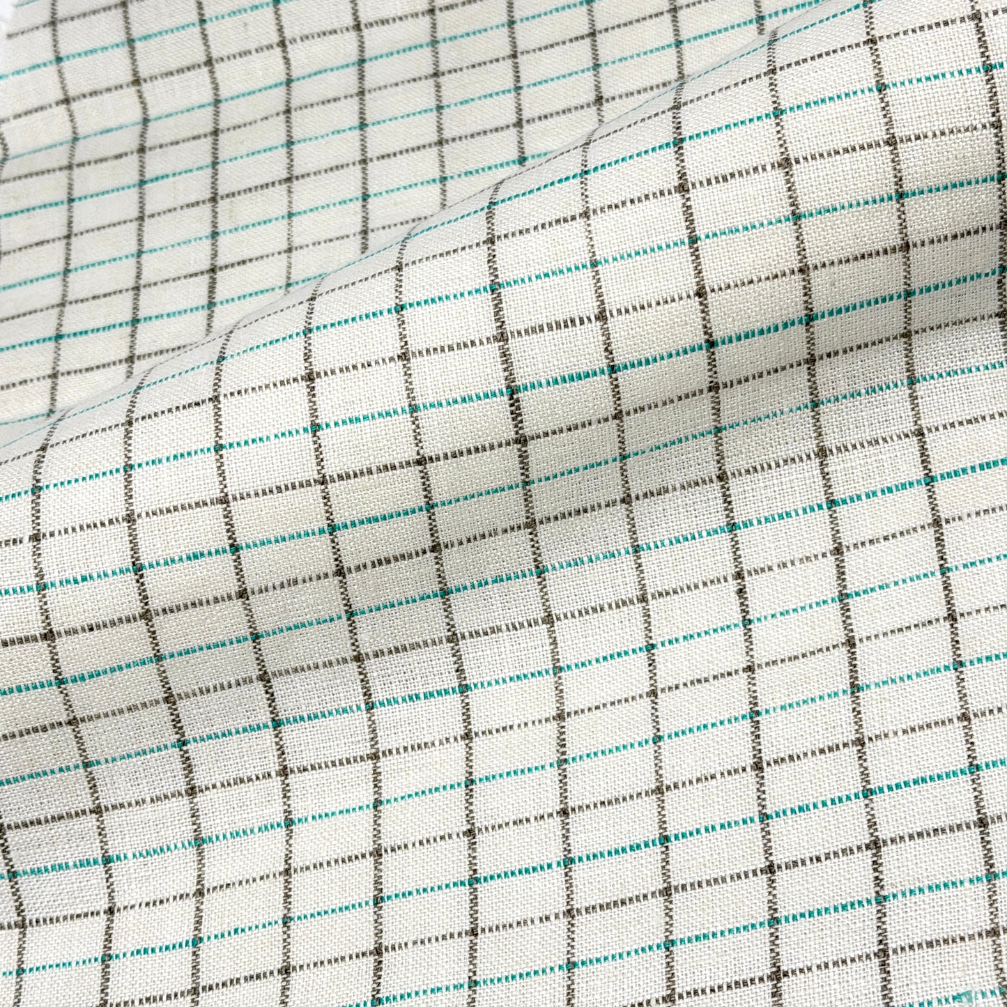 Checker Beige & Green 100% Natural Linen Fabric By The Yard / 55"Width / CL1081