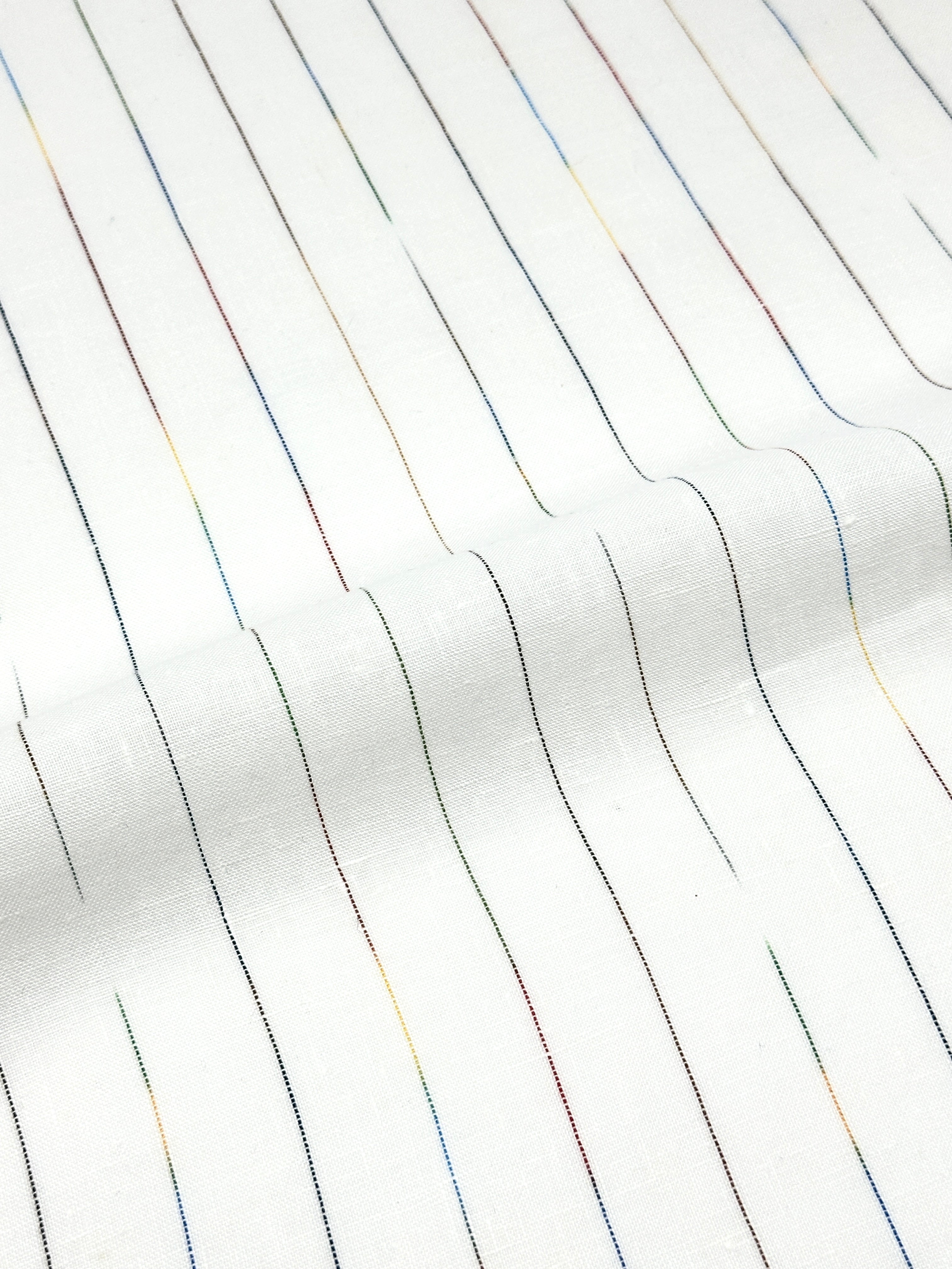 Thin Striped Multicolor 100% Natural Linen Fabric by the Yard / 53