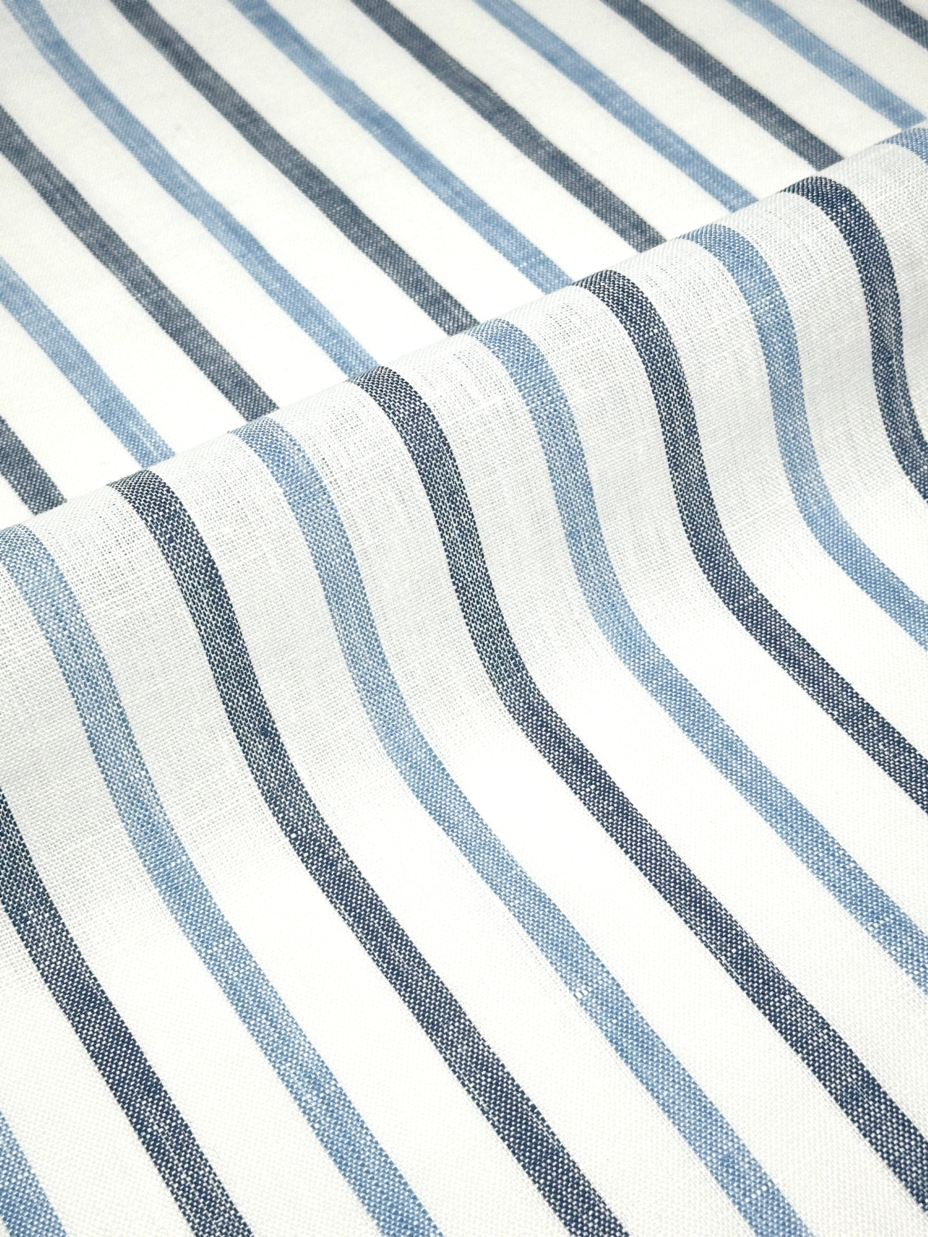 Blue Grey Striped 100% Natural Linen Flat Relaxed Casual Roman Shade/CL1046