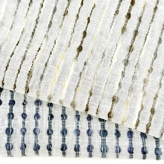 Dot Embroidered Blue Indigo Stripe Sheer Blend Linen Fabric Flat Roman Shade | CL1032