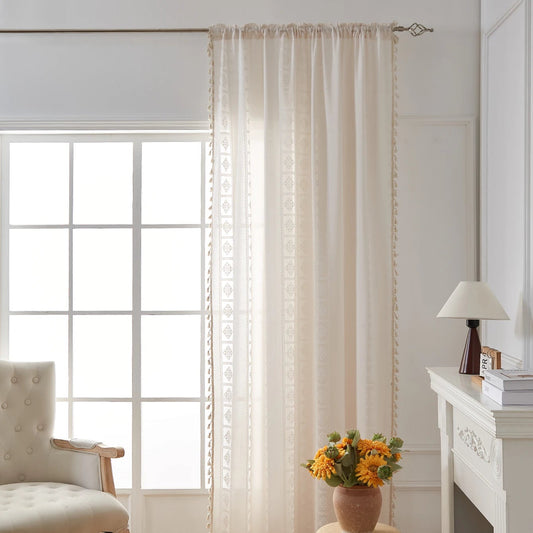 Boho Chic Geometric Crochet Lace Cotton-Blend Curtain Panel with Tassel Fringe | CD1013