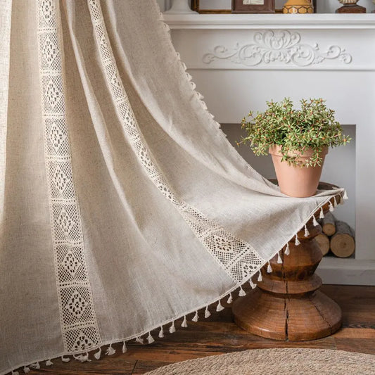 Vintage Farmhouse Bohemian Semi-Sheer Curtain Panel – Linen-Textured with Hollow Crochet & Fringe Tassels | CD1025