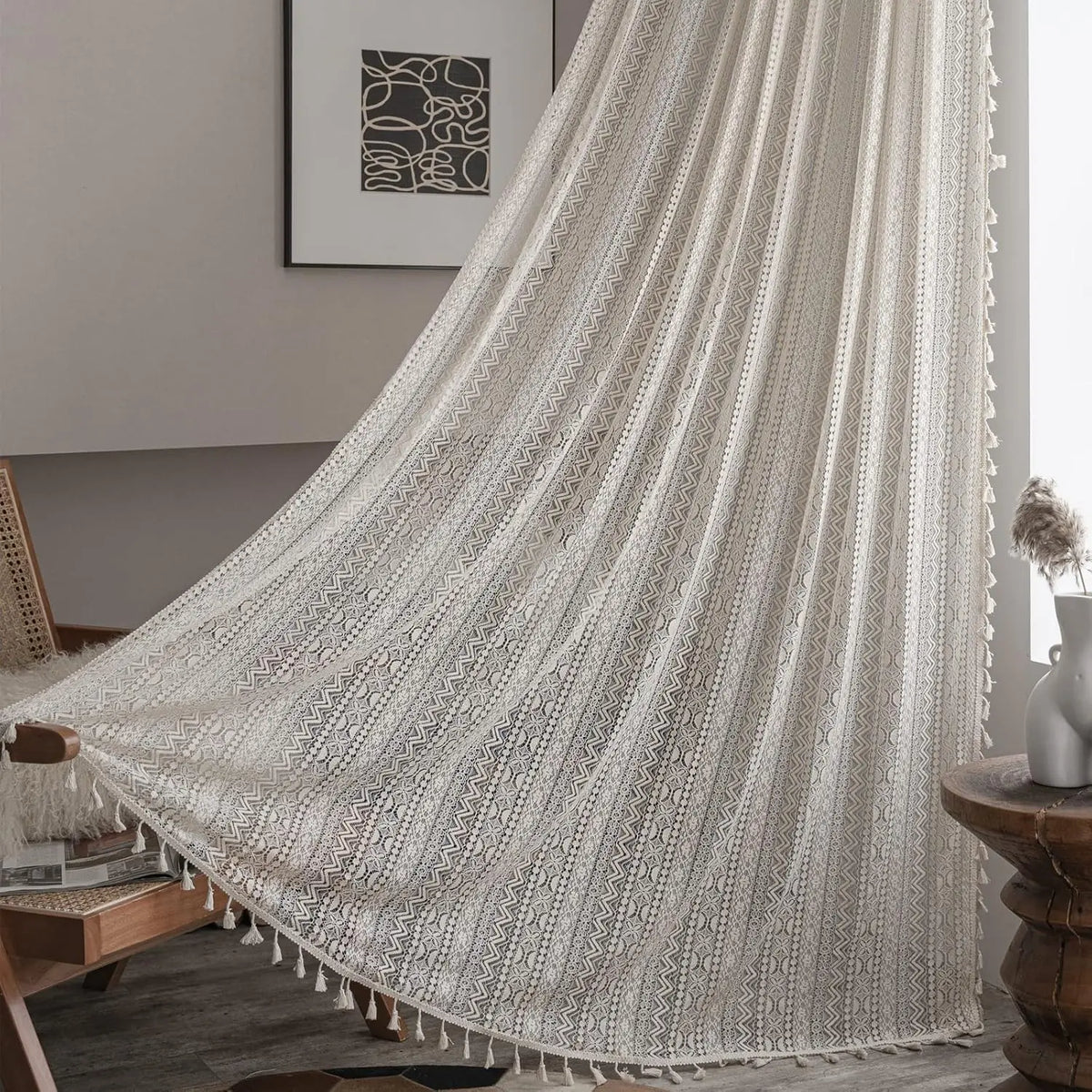 Boho Curtain Crochet Lace Semi-Sheer Hollow Out Knitted Tassels Curtain | CD1033