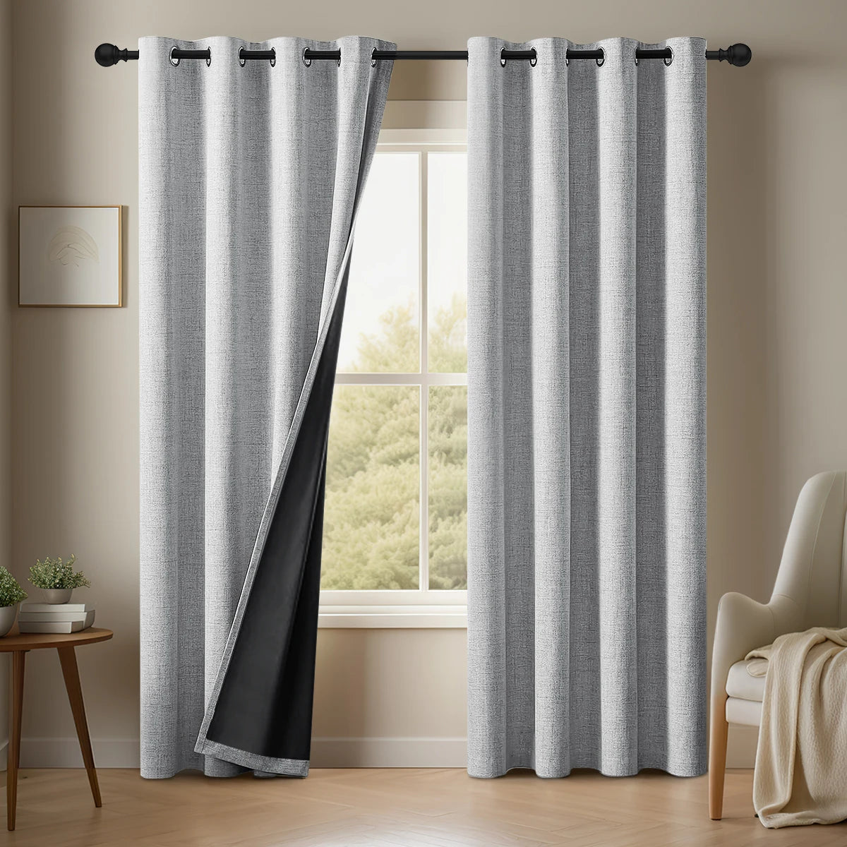 2-Panel Premium Faux Linen Room Darkening Curtains | Double-Layer Solid Window Drapes with Tiebacks for Bedroom & Living Room | CD1020