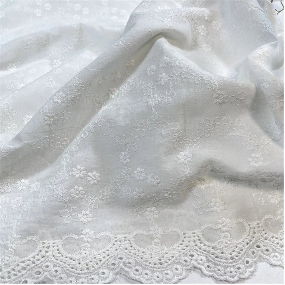 Premium White Floral Embroidery Cotton Fabric, CL1010