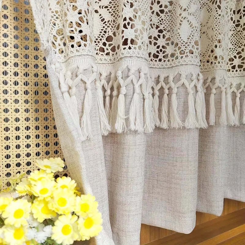 Crochet Lace Tier Curtain with Tassels | Farmhouse Kitchen Valance | CD1043
