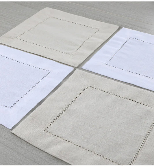 24-Piece Hemstitch Linen Blend Cocktail Napkins | 6x6 Classic White Square Cloths for Weddings, Bar Cart & Minimalist Dining