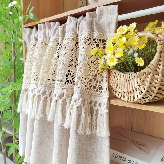 Crochet Lace Tier Curtain with Tassels | Farmhouse Kitchen Valance | CD1043