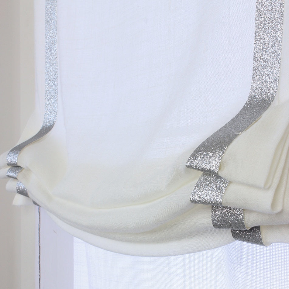 White Linen Roman Shade with Silver Glitter Trim, Blackout Option/CL1010 - Classic & Modern Home