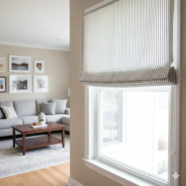 Living room with a window featuring a striped roman blind
