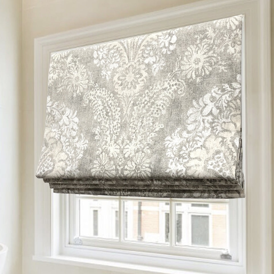 Damask Classic Grey Linen Flat Roman Shade