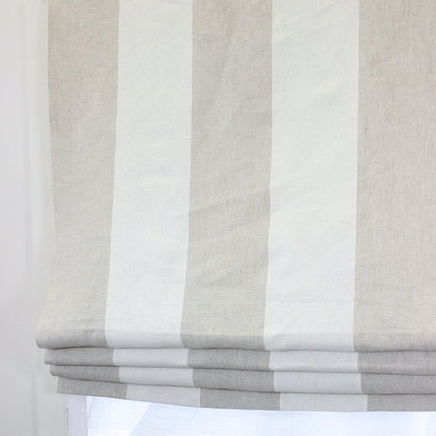 White Linen Relaxed Roman Shade with Black Ribbon Band