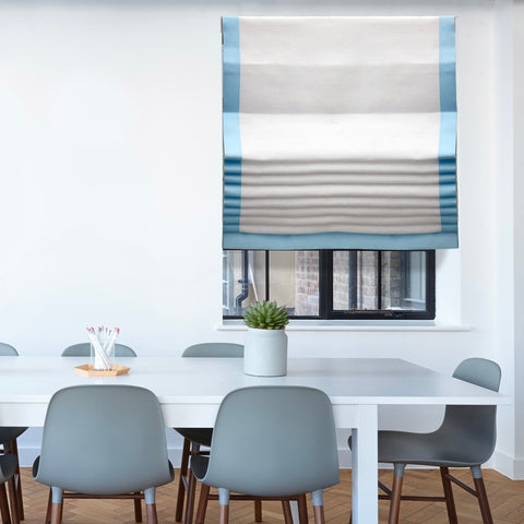 White Linen with Ice Blue Border Flat Roman Shade/CL1010