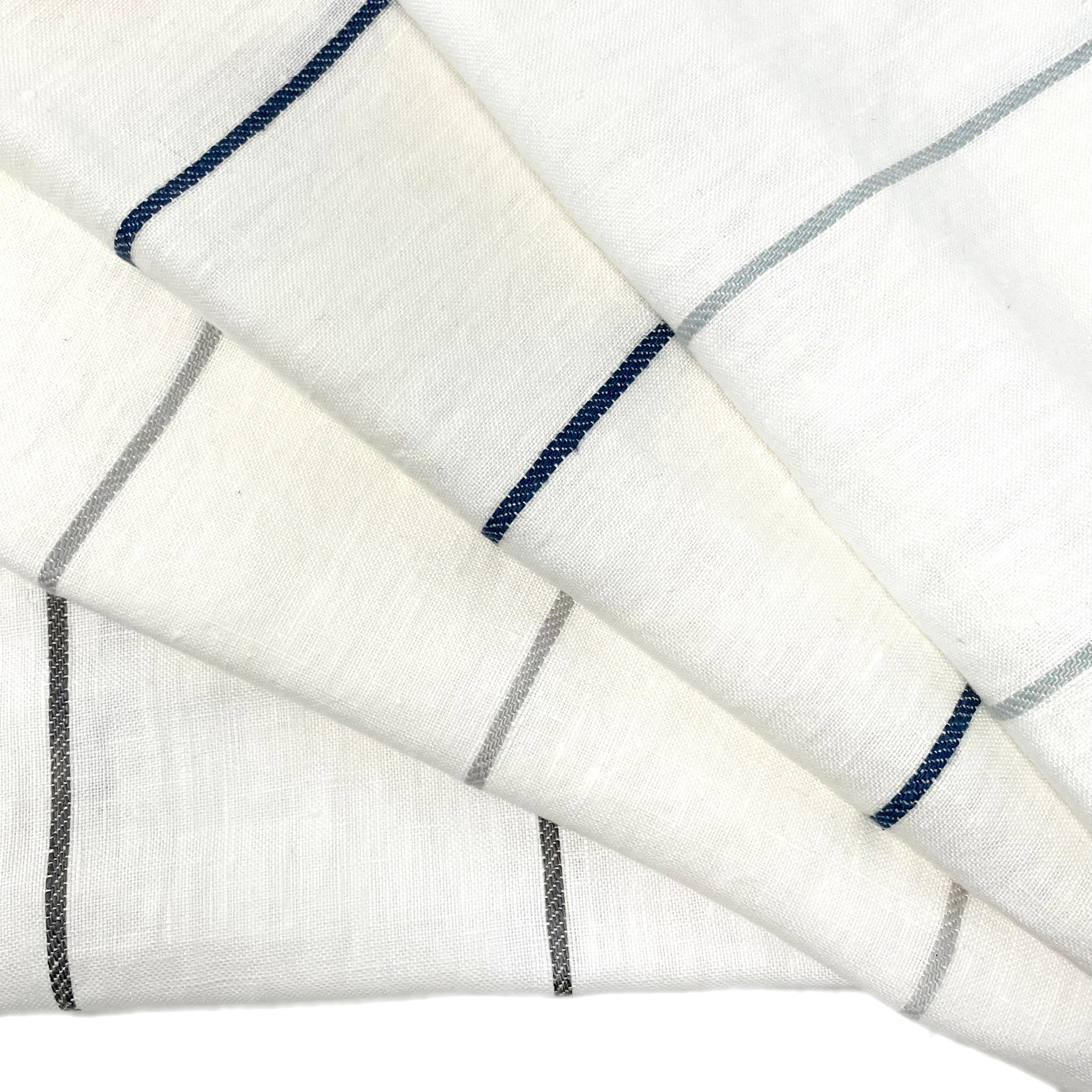 Striped 100% natural linen fabric with a 3 1/2" wide stripe pattern, available in multiple shades. Ideal for curtains, drapery, table settings, and home décor.