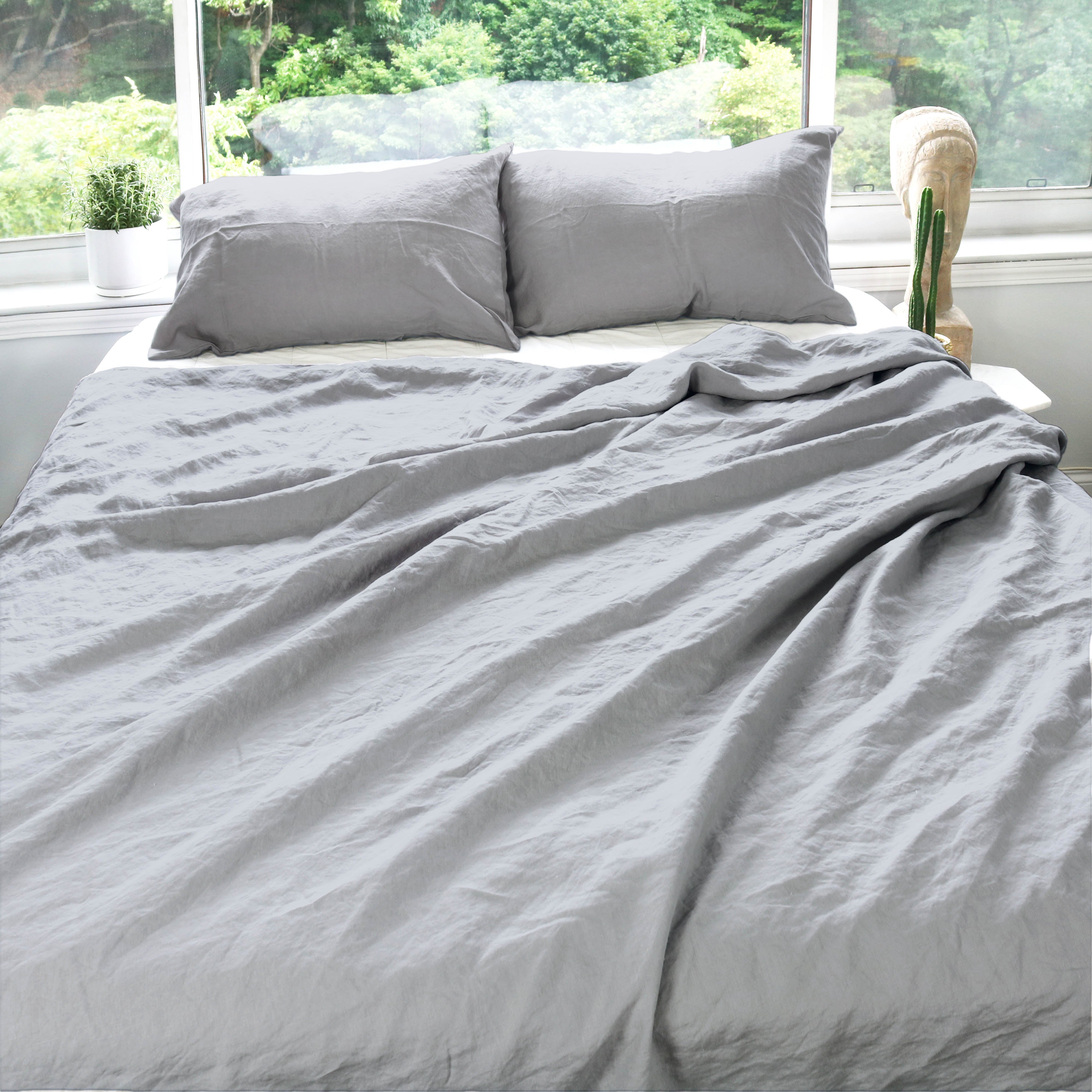 Light Gray Stonewashed Duvet Cover Set Organic 100% French Linen