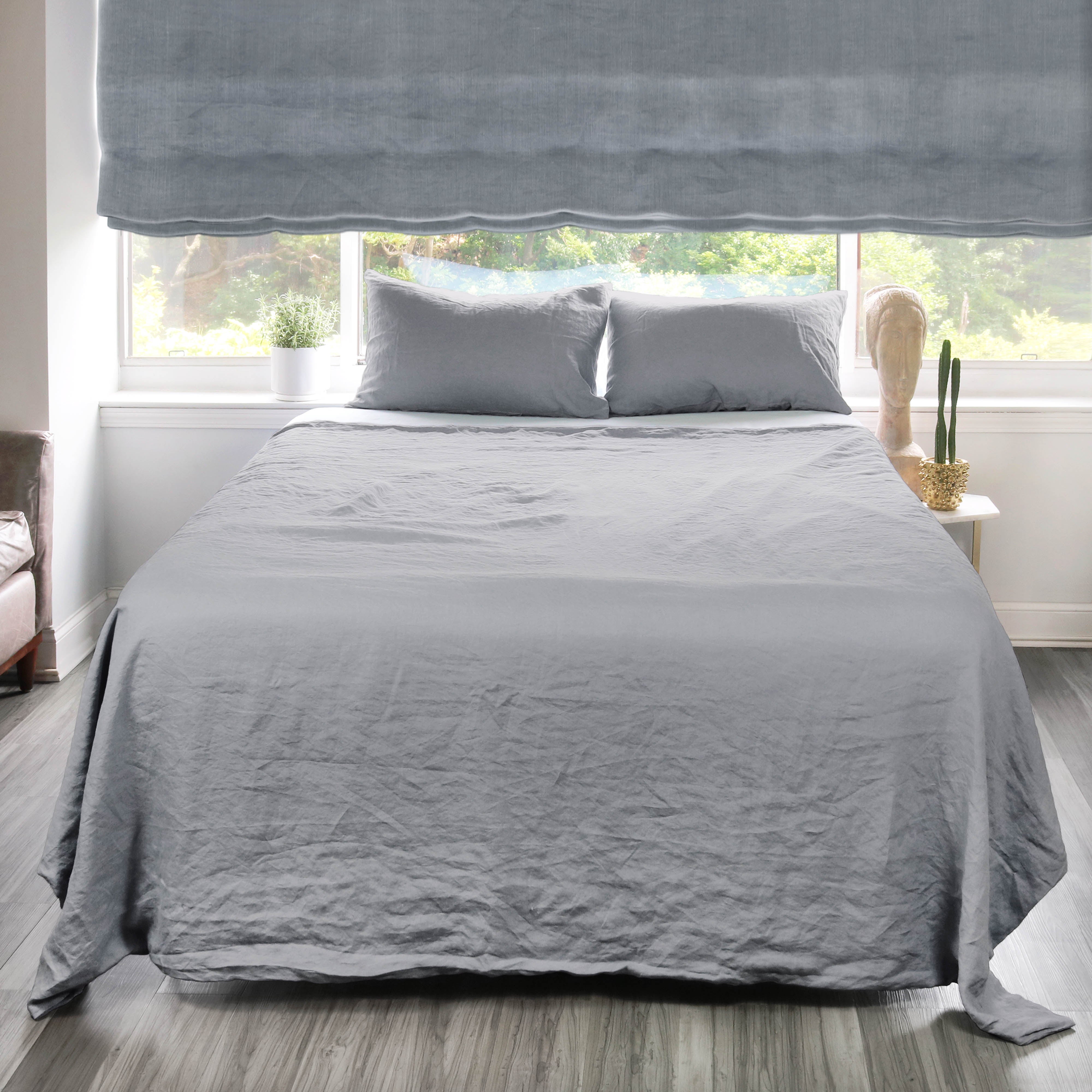 Light Gray Stonewashed 100% Organic Natural French Linen Roman Shade / CL1058