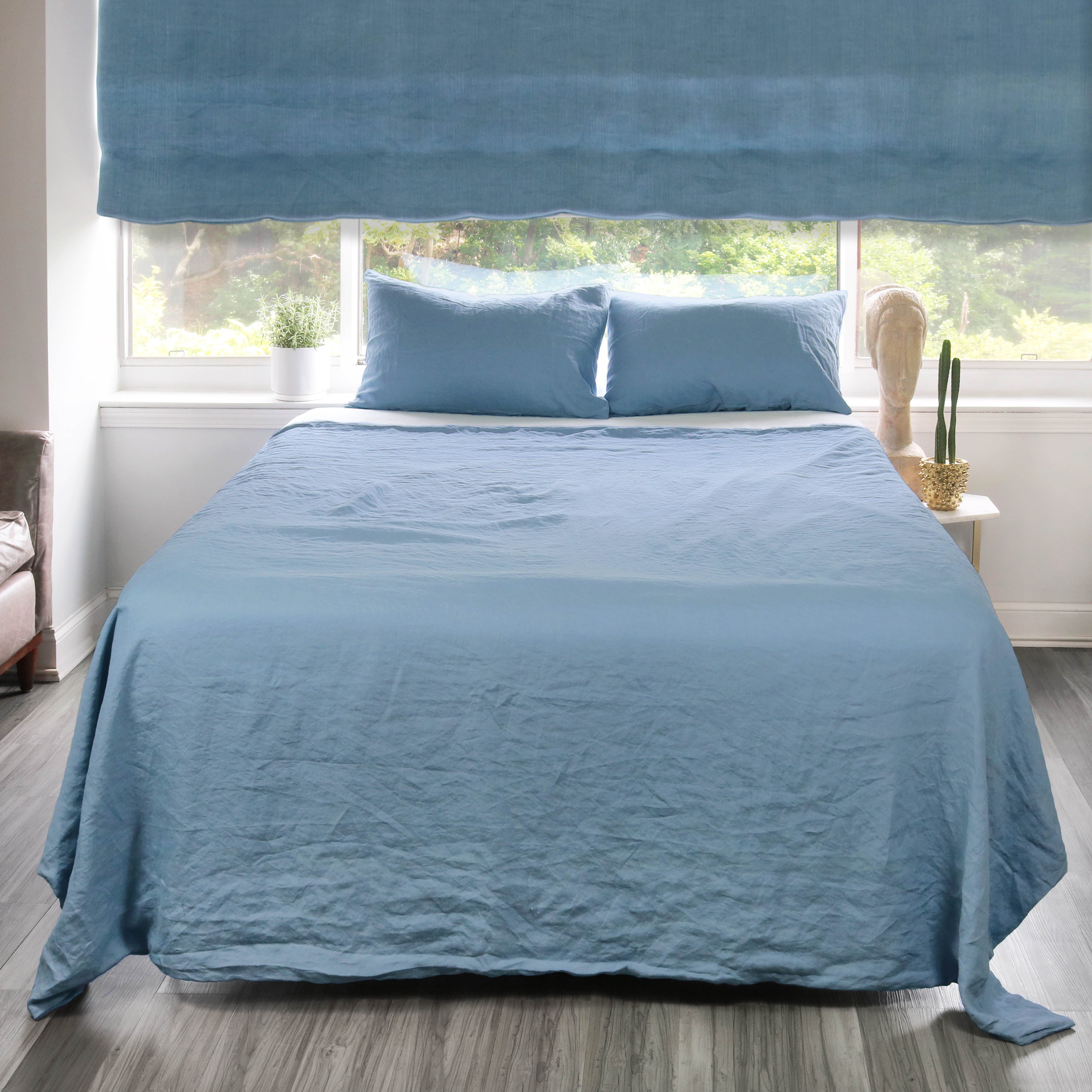 Blue Stonewashed 100% Organic Natural French Linen Roman Shade / CL1058