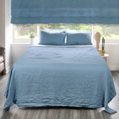 Blue Stonewashed 100% Organic Natural French Linen Roman Shade / CL1058
