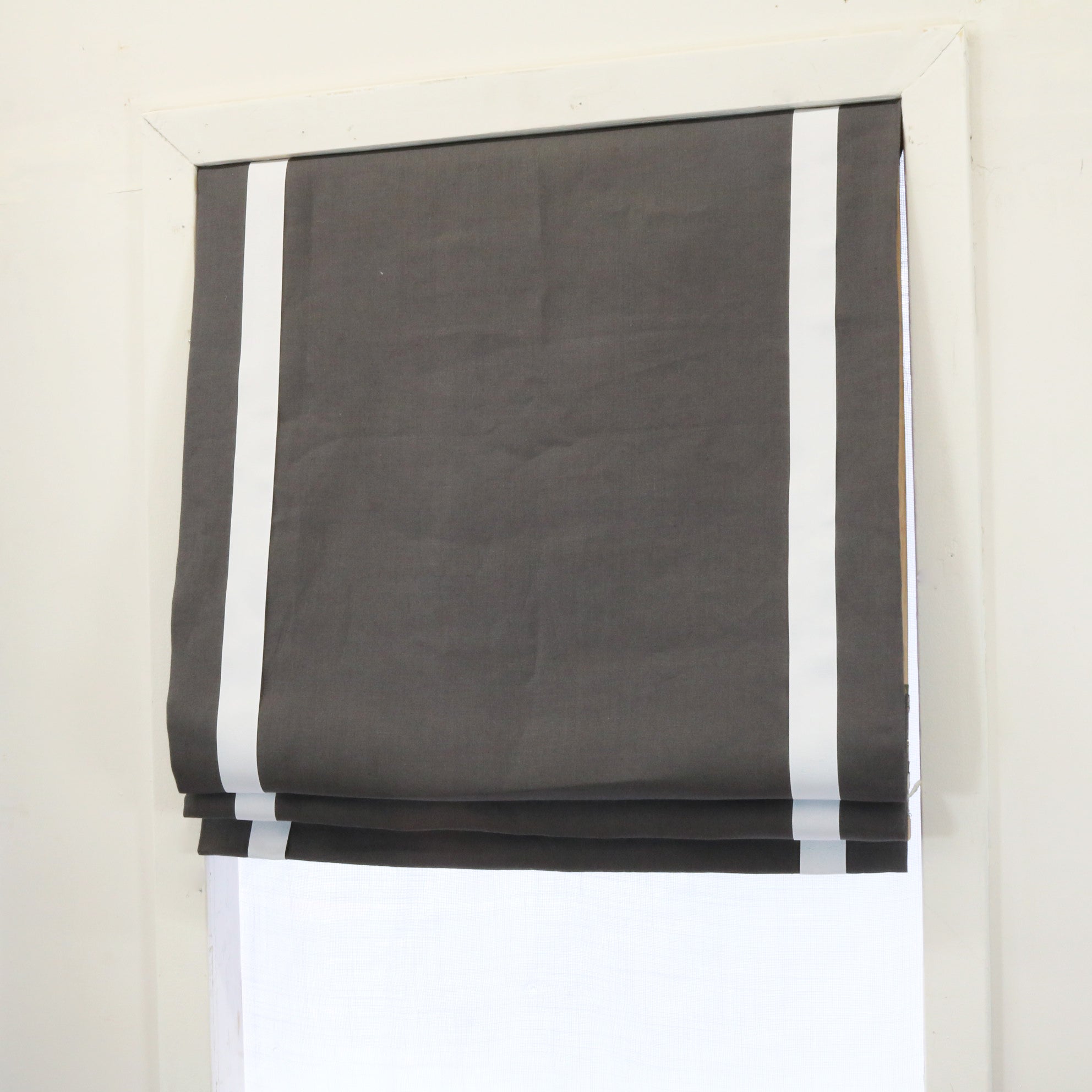 Dark Gray 100% natural Linen Custom Modern Flat Roman Shade with White Decorative Trims/CL1010