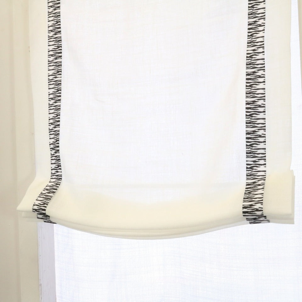 White Linen Relaxed Roman Shade with Animal Print Ribbon