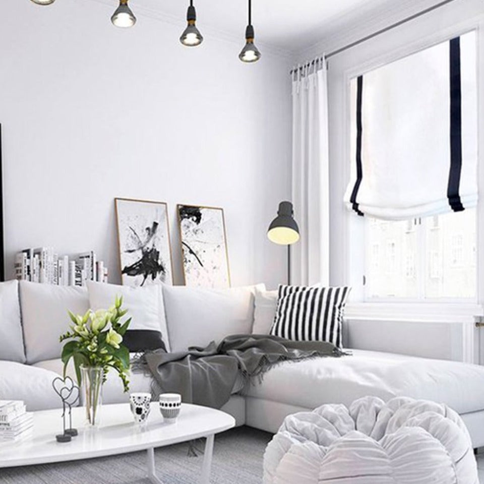 Black Bordered White 100% Natural Linen Relaxed Roman Shade/CL1010