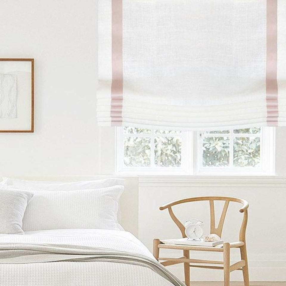 Pink Decorative Trims on a White 100% Natural Linen Custom Relaxed Roman Shade for Kid and Nursery Room