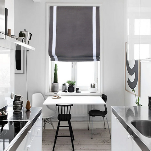Dark Gray 100% natural Linen Custom Modern Flat Roman Shade with White Decorative Trims/CL1010