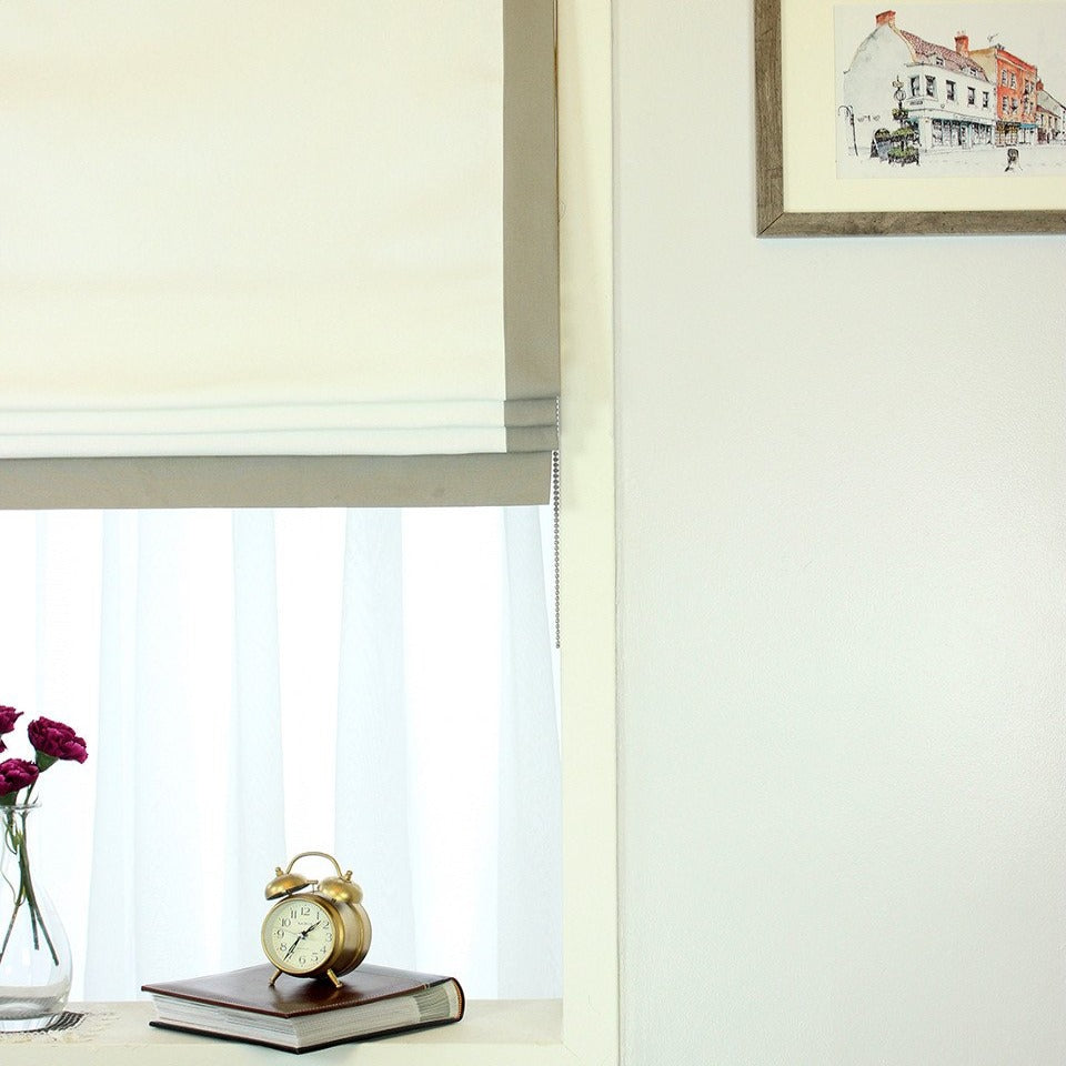 White Flat Roman Shades with Band Bordered Gray/CL1010
