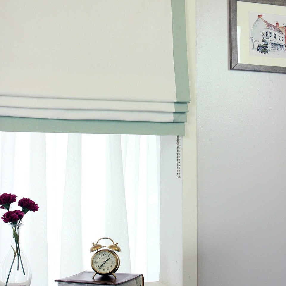 White Flat Roman Shades with Band Bordered Sea Green Olive