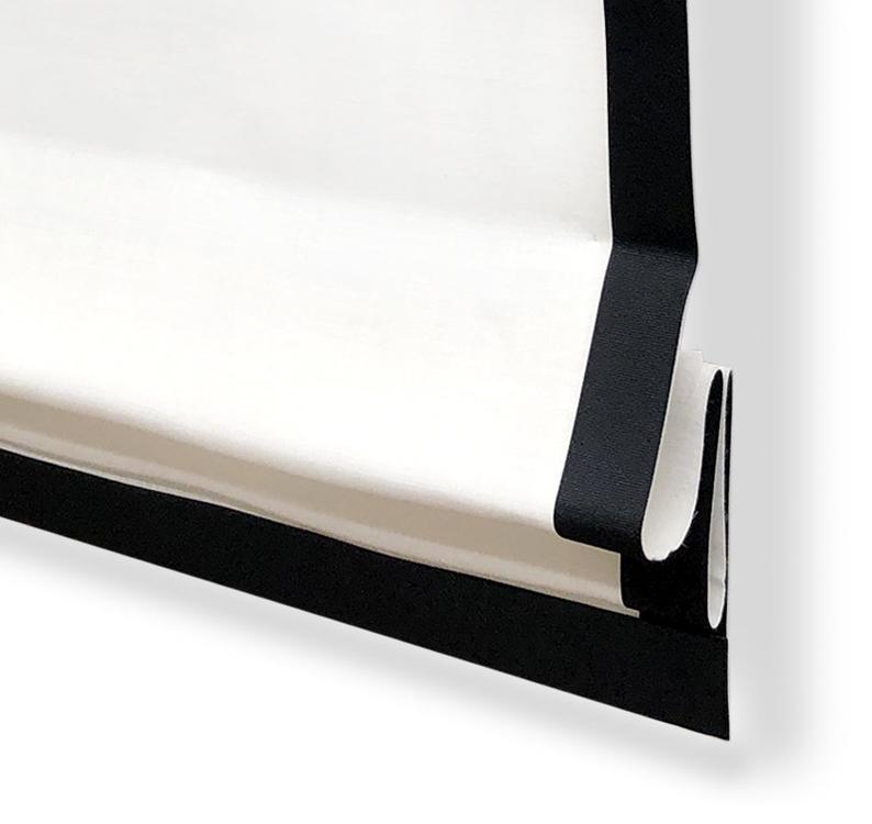 White Linen with Black Border Flat Roman Shade