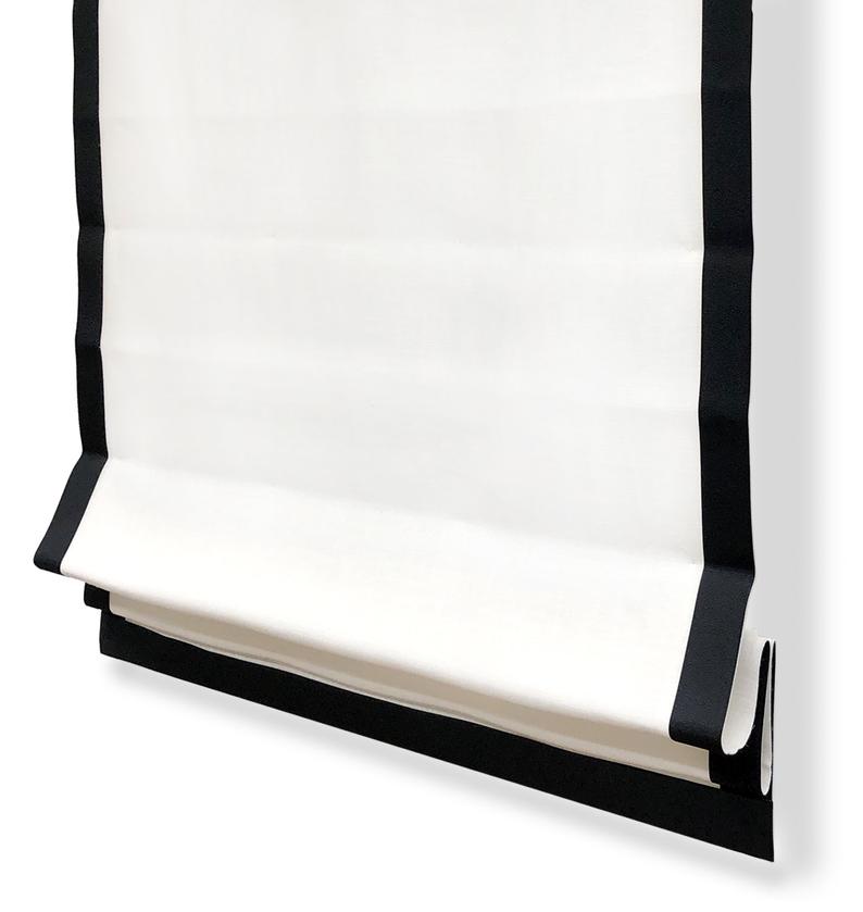 White Linen with Black Border Flat Roman Shade